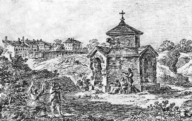 Kapliczka, którą postawiono w miejscu, w jakim planowano w 1792 r. wybudować Świątynię Opatrzności na grafice Zygmunta Vogla 