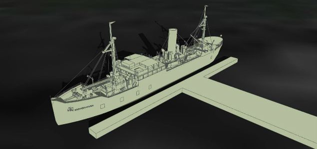 Cyfrowa rekonstrukcja SS Bremerhaven z okresu, w którym pełnił on funkcję obozu zakwaterowania dla robotników przymusowych i obozu karnego 