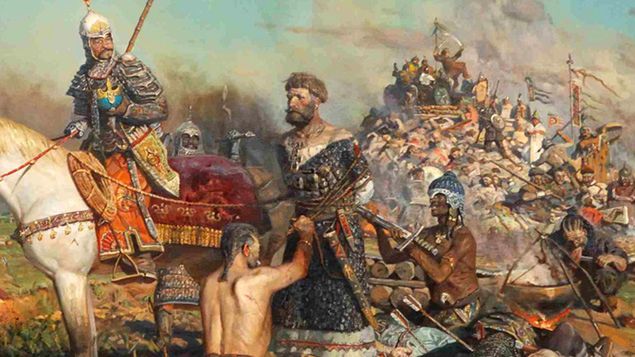 Fragment obrazu przedstawiającego tortury pojmanych przez Tatarów w bitwie nad Kałką. Autor: Paweł Wiktorowicz Ryżenko