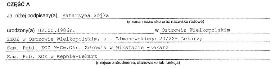 Fragment oświadczenia majątkowego Katarzyny Sójki 