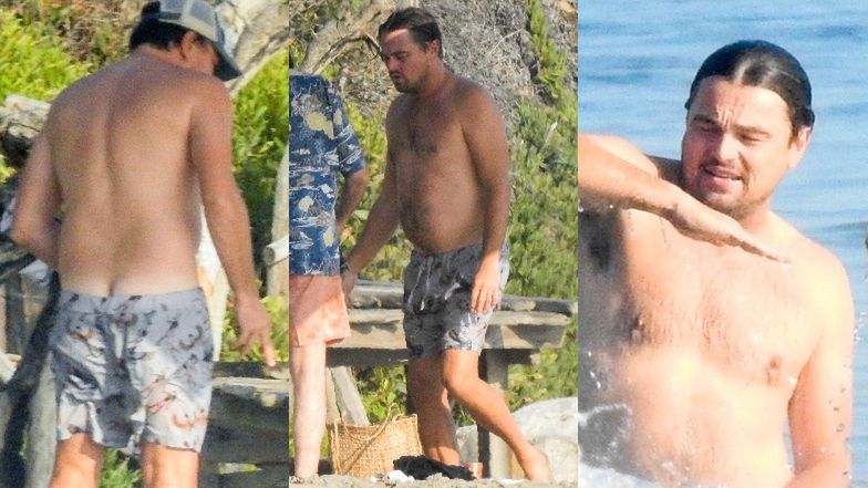 Beztroski Leonardo DiCaprio w zsuwających się kąpielówkach pluska się z kolegami w oceanie (ZDJĘCIA)