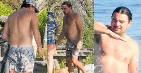 Beztroski Leonardo DiCaprio w zsuwających się kąpielówkach pluska się z kolegami w oceanie (ZDJĘCIA)
