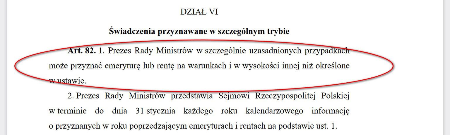 Artykuł z ustawy dotyczący specjalnych rent i emerytur przyznawanych przez premiera