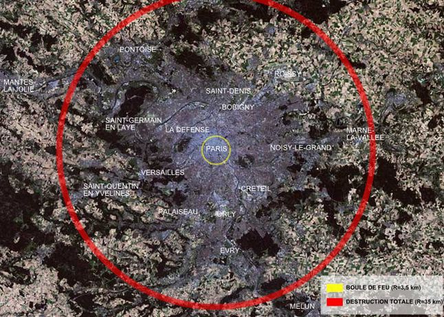 Zasięg eksplozji Car Bomby naniesiony na mapę Paryża. czerwony okrąg to obszar całkowitego zniszczenia