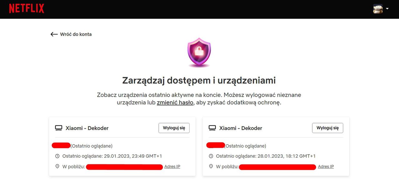 Netflix - kontrola dostępu i urządzeń w aplikacji webowej