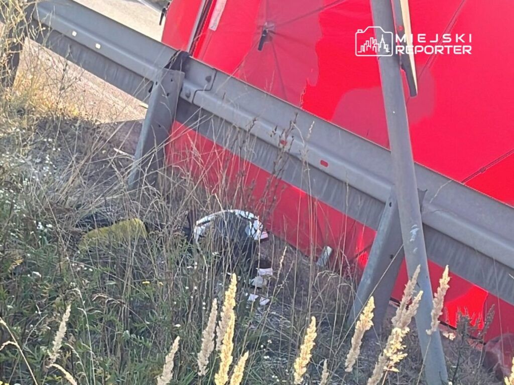 Czerwony pojazd zaparkowany przy drodze, częściowo zasłonięty przez wysoką trawę i krzewy.