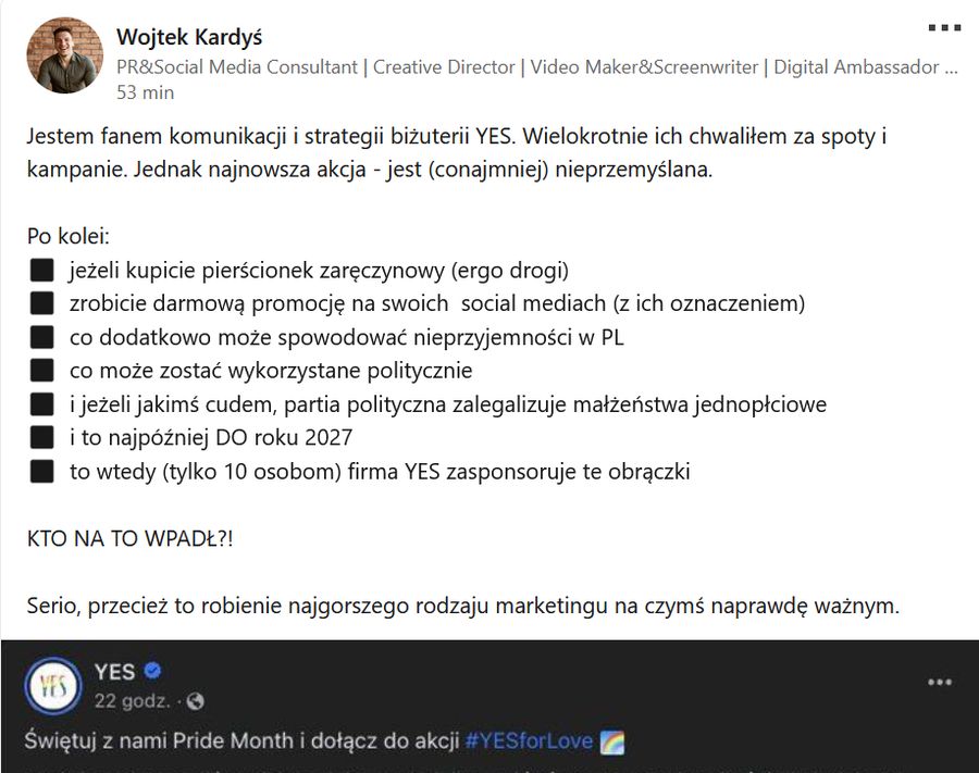 Wojtek Kardyś o tęczowej kampanii YES