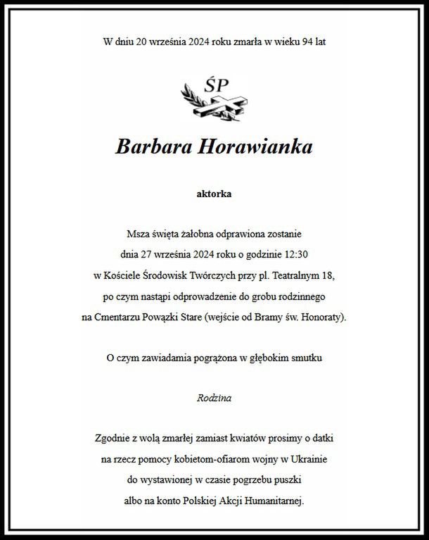 Nekrolog o śmierci Barbary Horawianki