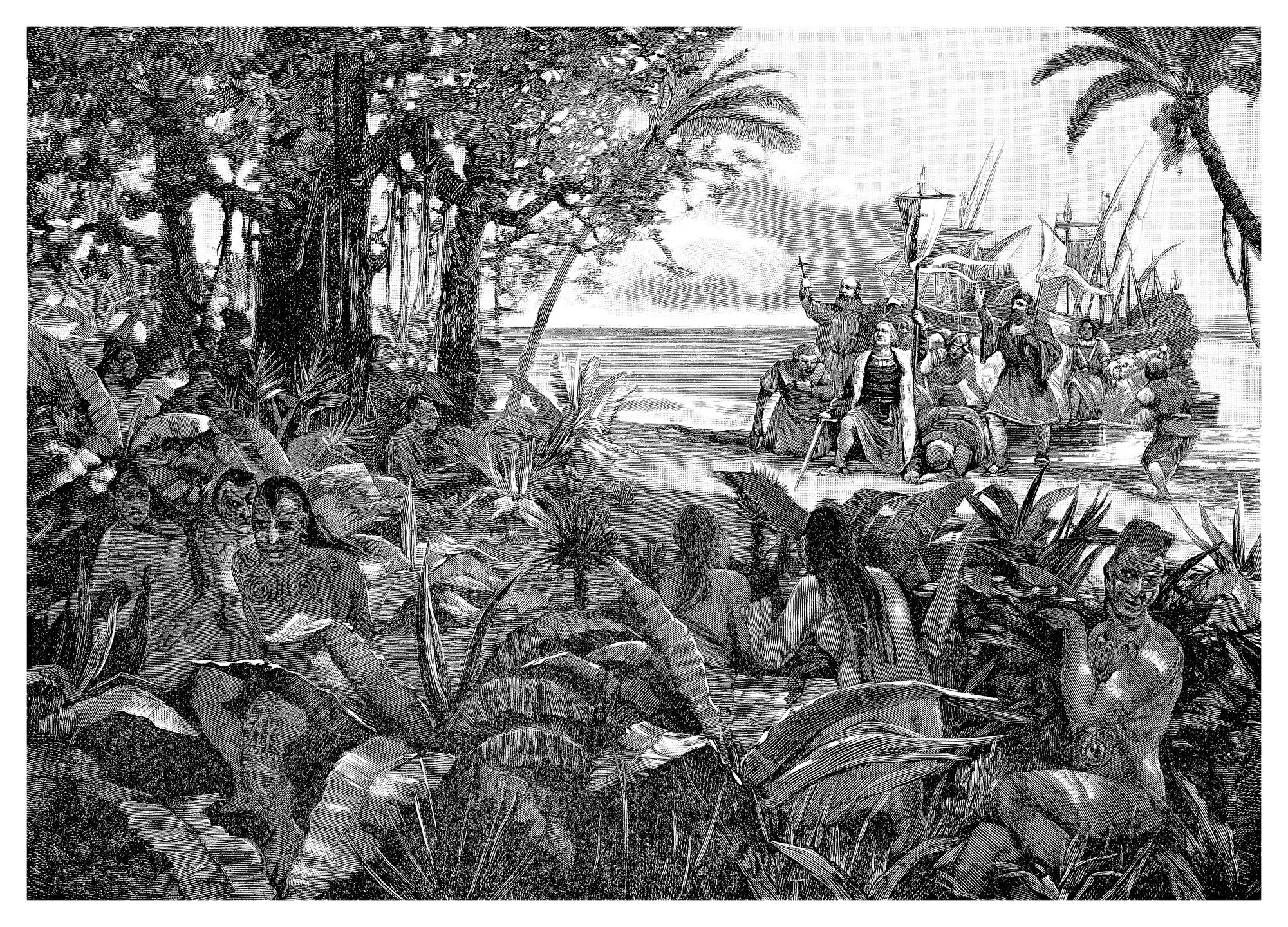 Rycina ilustrująca lądowanie Kolumba w Ameryce