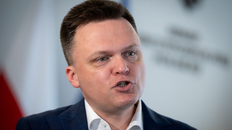 Szymon Holownia during a meeting at which Polish opposition parties signed the agreement on Civic Election Control, at the Senate (upper house of the parliament) in Warsaw, Poland on June 3, 2022 (Photo by Mateusz Wlodarczyk/NurPhoto via Getty Images)