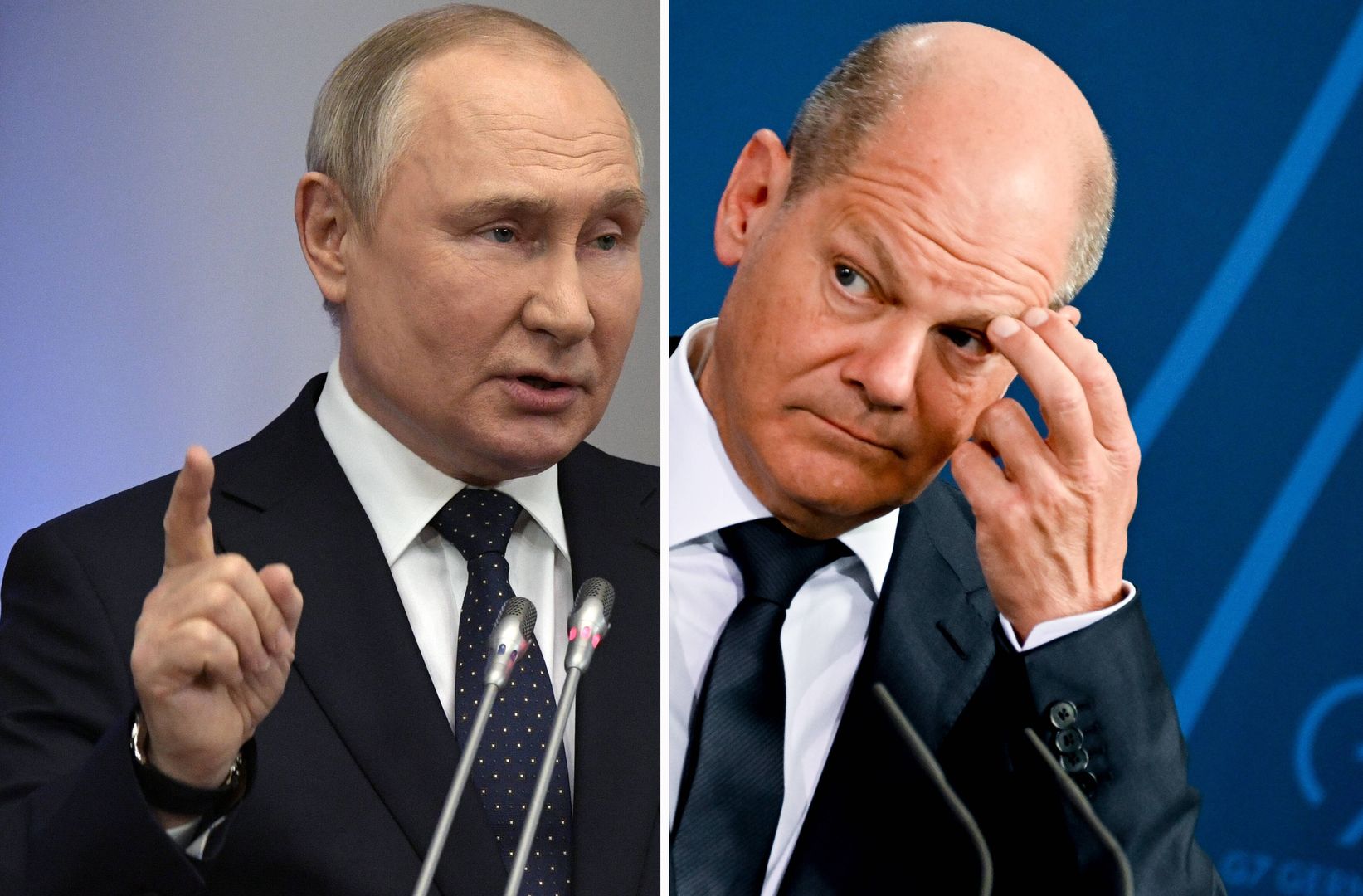 Dyktator Rosji Władimir Putin i kanclerz Niemiec Olaf Scholz