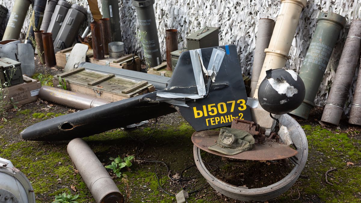 LVIV, UKRAINE - 2025/08/23: Fragments of rockets, drones and other ammunition are seen. Artifacts of war seen during the exhibition. Near the Potocki Castle and the Museum of Modernism, an exhibition of artifacts from Russia's war against Ukraine is taking place. The display features damaged vehicle, fragments of rockets, drones and other military artifacts. The central exhibit is a single car riddled with bullets. Its body bears holes and traces of destruction reflecting the brutality of the war. The exhibition combines documentary evidence and symbolism preserving the memory of Russian aggression and its consequences. (Photo by Mykhaylo Palinchak/SOPA Images/LightRocket via Getty Images)