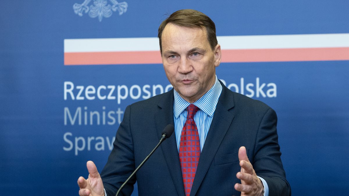 Radoslaw Sikorski, the Polish Minister of Foreign Affairs, is speaking during a press conference in Warsaw, Poland, on January 31, 2024. (Photo by Foto Olimpik/NurPhoto via Getty Images)