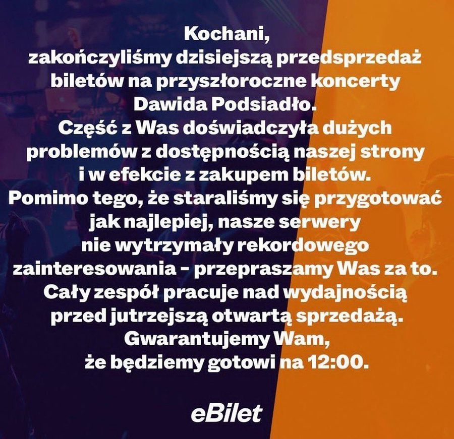 eBilet wydał oświadczenie w sprawie trudności z zakupem biletów na Dawida Podsiadło