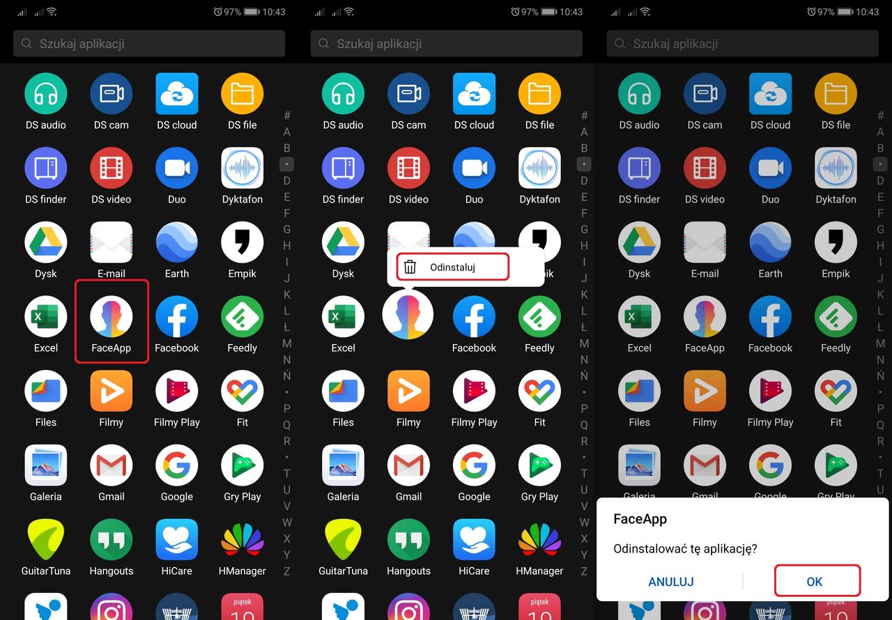 Usuwanie FaceApp z Androida.