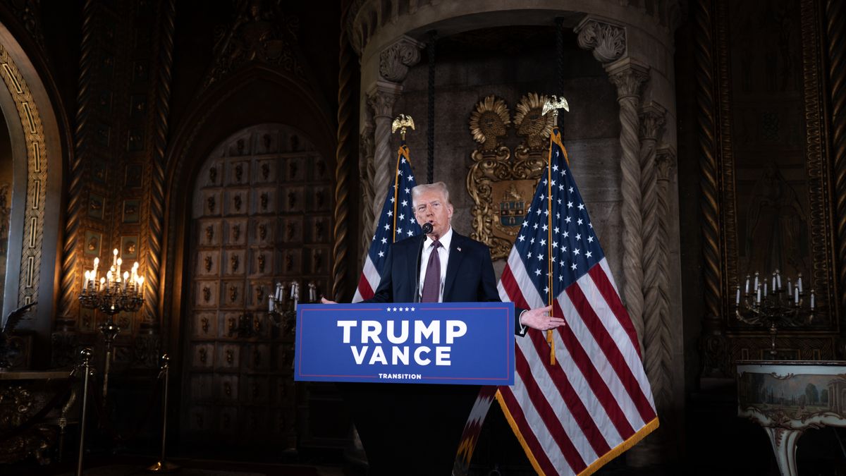 PALM BEACH, FLORIDA - JANUARY 07:  U.S. President-elect Donald Trump speaks to members of the media during a press conference at the Mar-a-Lago Club on January 07, 2025 in Palm Beach, Florida. Trump will be sworn in as the 47th president of the United States on January 20, making him the only president other than Grover Cleveland to serve two non-consecutive terms in office. (Photo by Scott Olson/Getty Images)