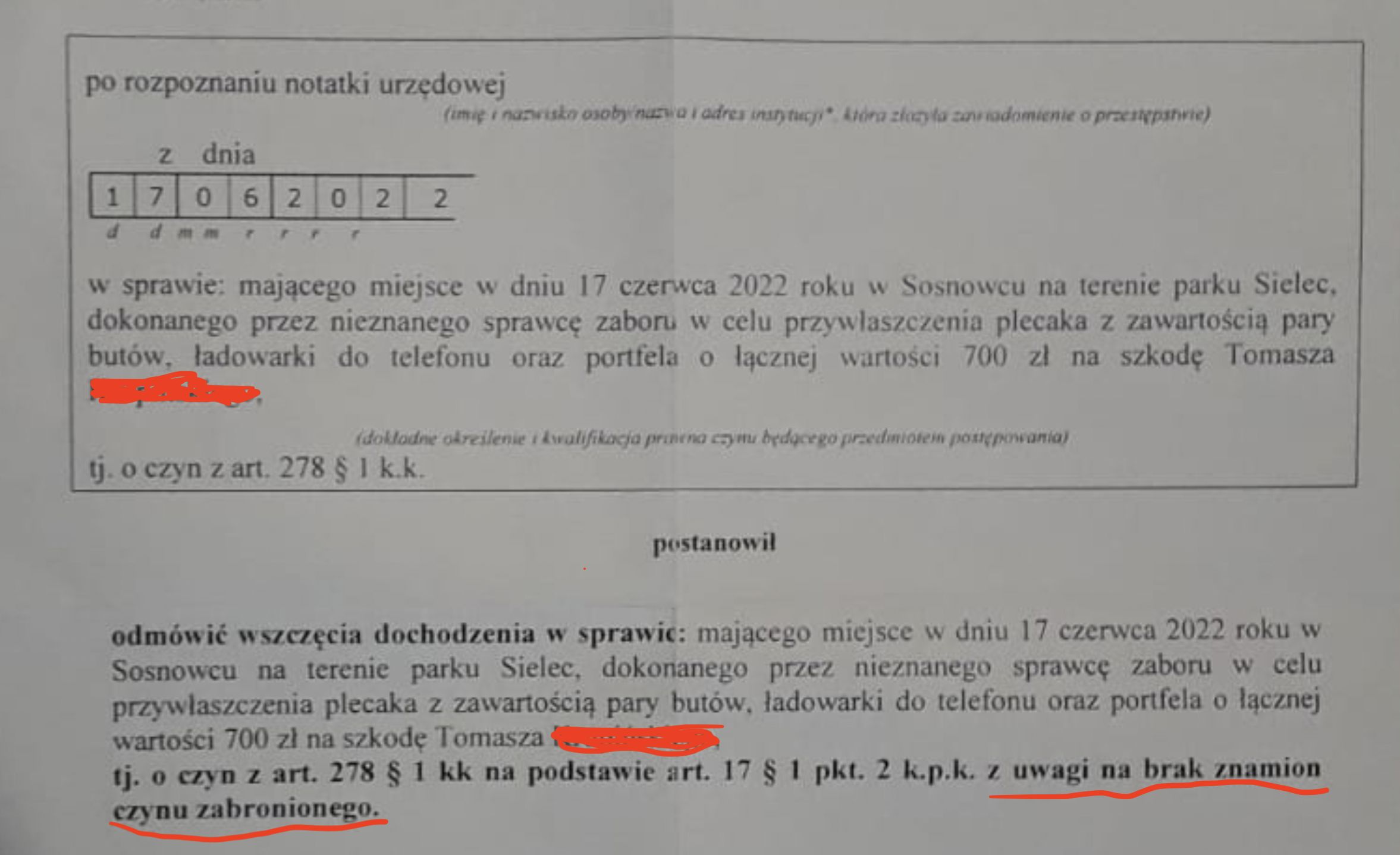 Oficjalny dokument wymyka się rozsądkowi - niezgodny z prawem czyn miał miejsce, ale brak znamion czynu zabronionego