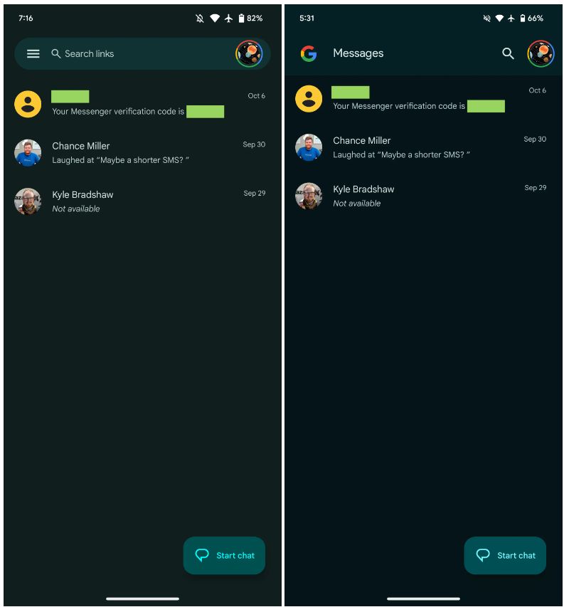 Stara i nowa wersja aplikacja Wiadomości na Androidze.