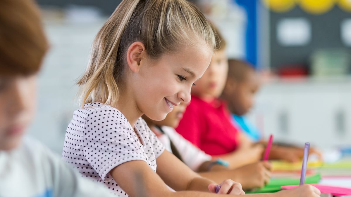 Smiling scholar girl sitting with other children in classroom and writing on textbook. Happy student doing homework at elementary school. Young schoolgirl feeling confident while writing on notebook.
studying, learning, girl, school, class, writing, lesson, child, elementary, education, primary, happy, smile, smiling, classroom, learn, write, classmate, schoolchild, scholar, schoolgirl, student, study, sitting, desk, young, exam, pupil, smiling, exercise, junior, notebook, classwork, homework