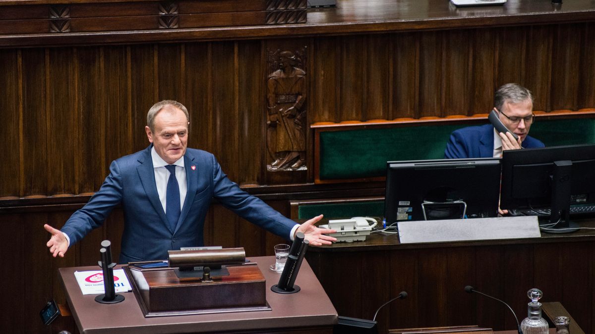 WARSAW, MASOVIAN VOIVODESHIP, POLAND - 2023/12/12: Donald Tusk at his inaugural speech as PM during the session of the parliament (Sejm). Donald Tusk presented his government to the Polish parliament (Sejm) as he became the new prime minister. Poland's newly elected PM said in his inaugural speech to parliament that he will demand full mobilization of the West to help Ukraine and also that xenophobia and anti-LGBTQ rhetoric will end and the time to be happy in Poland has come. Also, Tusk assured that the position of Poland at the European stage would be rebuilt. (Photo by Attila Husejnow/SOPA Images/LightRocket via Getty Images)