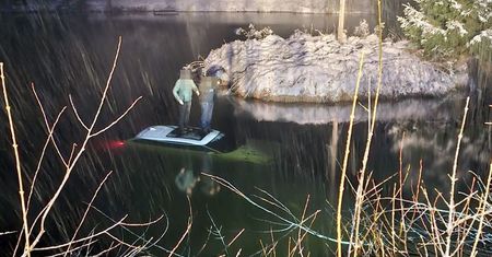 Kierowca BMW stracił panowanie nad pojazdem i wjechał do stawu.