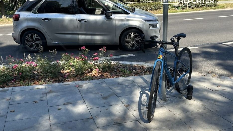 Rower na parkingu przy drodze, obok zaparkowany srebrny samochód, w tle kwitnące krzewy.