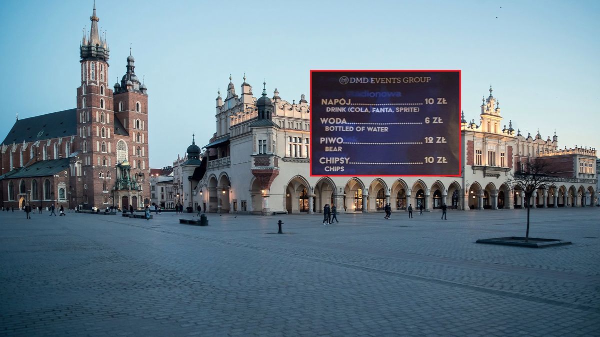 Stare Miasto w Krakowie, w ramce tablica na jednym ze stoisk w Krakowie