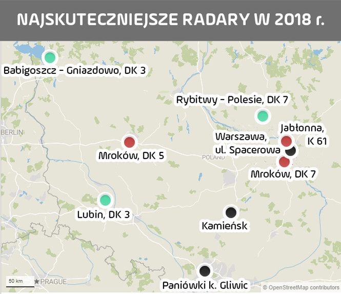 Na czarno zaznaczono fotoradary stacjonarne, na zielono miejsca odcinkowego pomiaru prędkości, na czerwono urządzenia rejestrujące wjazd na skrzyżowanie przy czerwonym świetle sygnalizacji.