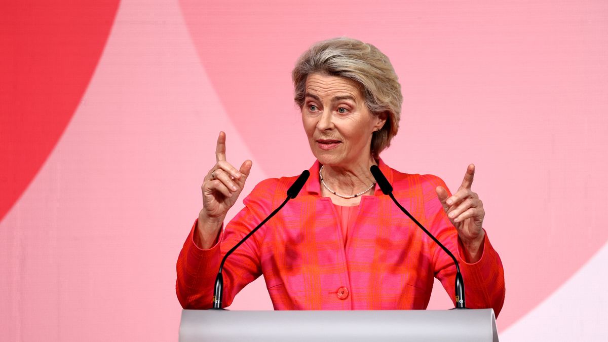Ursula von der Leyen, president of the European Commission, speaks to attendees at the ground-breaking ceremony for the new European Semiconductor Manufacturing Co. (ESMC) plant in Dresden, Germany, on Tuesday, Aug. 20, 2024. The European Union approved a 5 billion ($5.5 billion) German subsidy for TSMC's plan to built a chip plant in eastern Germany in partnership with Infineon Technologies AG, NXP Semiconductors NV and Robert Bosch GmbH. Photographer: Liesa Johannssen/Bloomberg via Getty Images