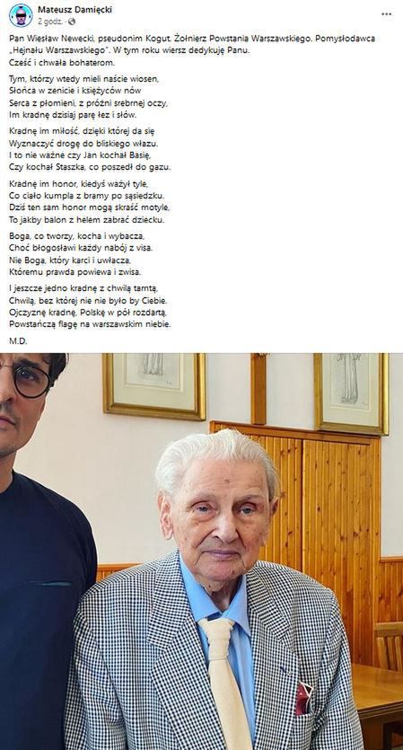 Mateusz Damięcki w poruszającym wierszu o powstańcach warszawskich