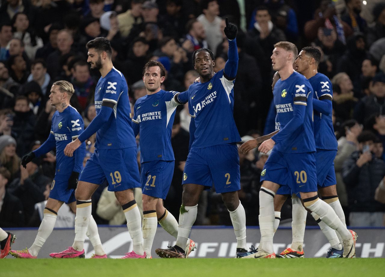 LONDON, ENGLAND - JANUARY 23: Axel Disasi of Chelsea celebrates scoring his team's third goal with team mates Armando Broja, Ben Chilwell and Cole Palmer during the Carabao Cup Semi Final Second Leg match between Chelsea and Middlesbrough at Stamford Bridge on January 23, 2024 in London, England. (Photo by Joe Prior/Visionhaus via Getty Images)