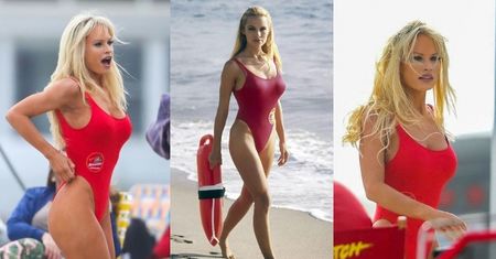 Lily James kusi w kultowym kostiumie Pameli Anderson ze "Słonecznego Patrolu". Podobna? (ZDJĘCIA)