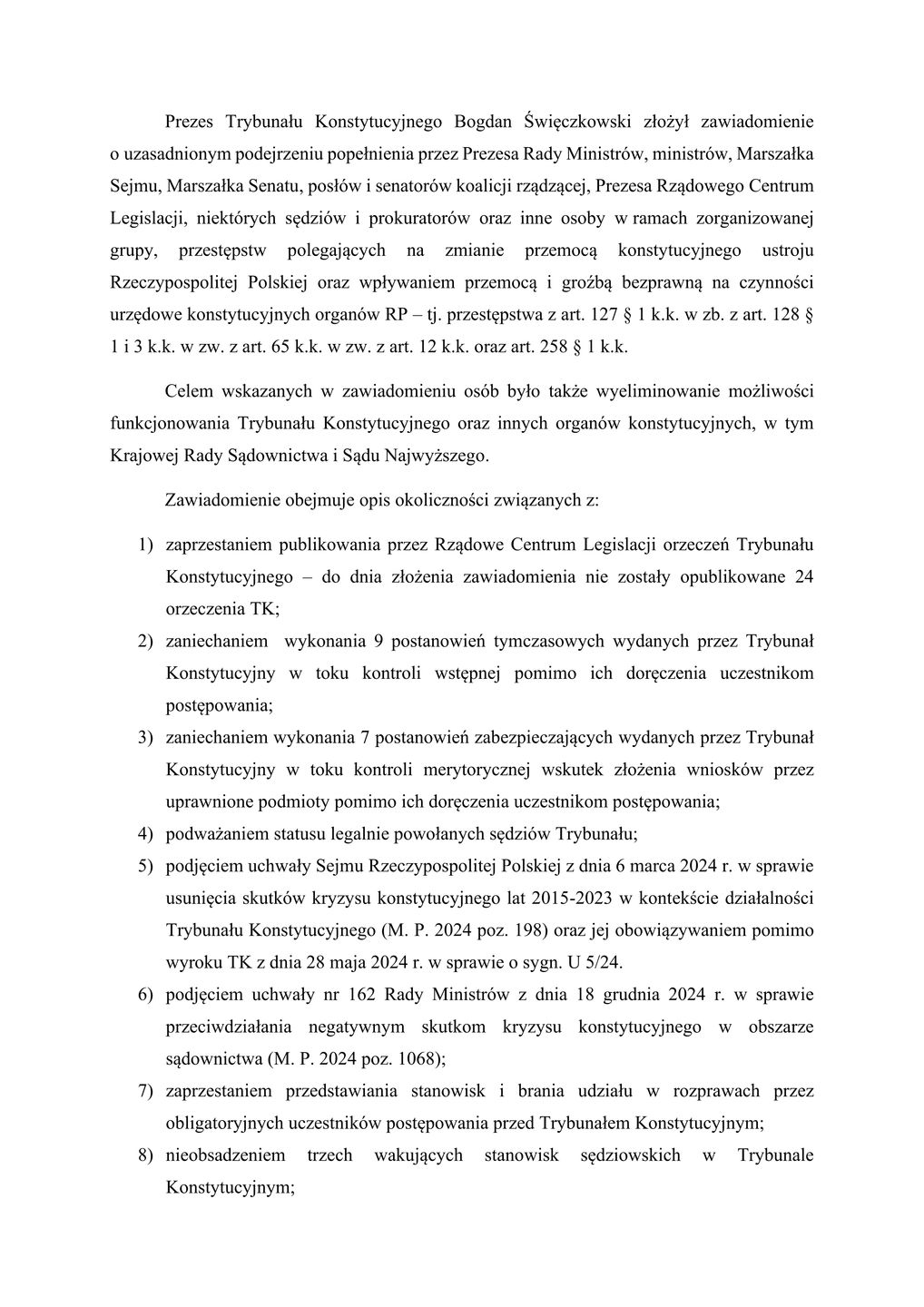 Zawiadomienie złożone przez prezesa Trybunału Konstytucyjnego