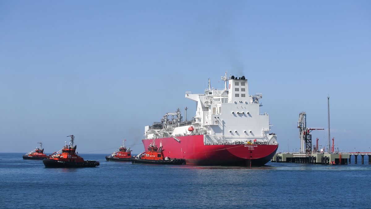 HATAY, TURKEY - APRIL 22: Turkey's first floating LNG storage and gasification vessel (FSRU), the Ertugrul Gazi anchored offshore in Hatay's Dortyol district in Hatay, Turkey on April 22, 2021. (Photo by Burak Milli/Anadolu Agency via Getty Images)
