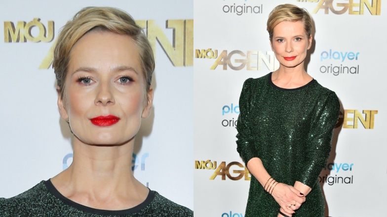 Cekinowa Magdalena Cielecka w długich kozaczkach pozuje premierze serialu "Mój Agent" (ZDJĘCIA)