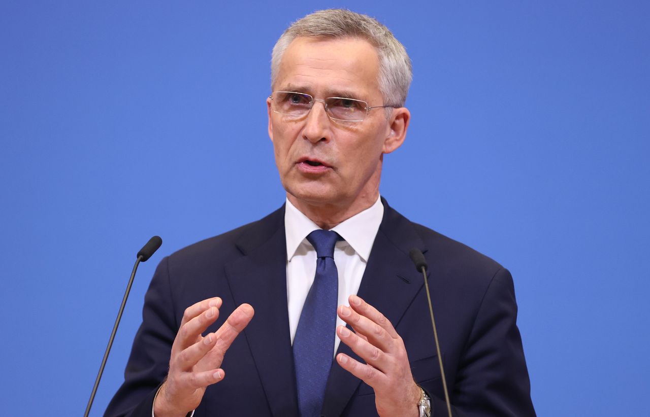 BRUSSELS, BELGIUM - APRIL 06: NATO Secretary General Jens Stoltenberg holds a press conference after the NATO Foreign Ministers Meeting in Brussels, Belgium on April 06, 2022. (Photo by Dursun Aydemir/Anadolu Agency via Getty Images)