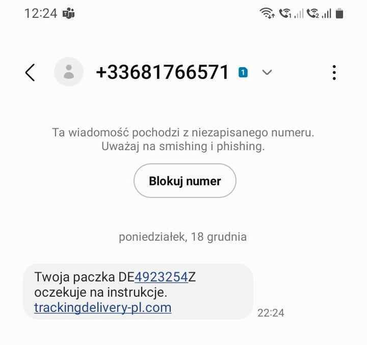 Przykładowy fałszywy SMS z numeru +33