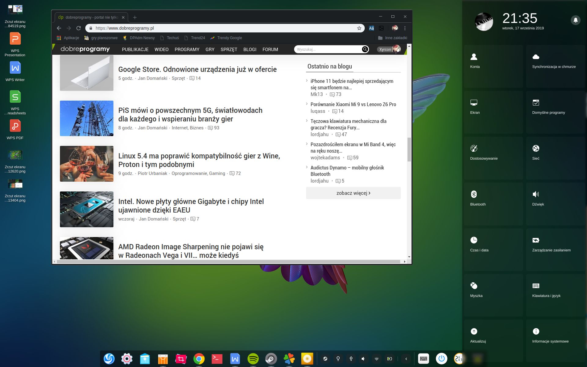 Deepin: przeglądarka Google Chrome, pulpit i ustawienia.