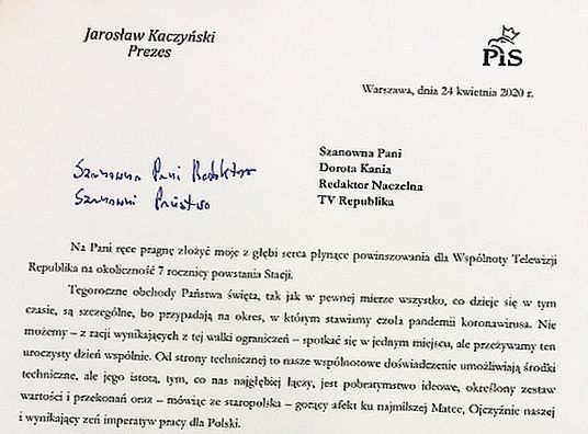 Gratulacje od prezesa PiS dla Doroty Kani na 7. urodziny TV Republika (TV Republika)