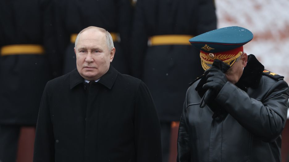 MOSCOW, RUSSIA - FEBRUARY 23:  (RUSSIA OUT) Russian President Vladimir Putin (L) and Defence Minister Sergei Shoigu (R) seen while taking part in the wreath laying ceremony at the Unknown Soldier Tomb, marking the Defender of the Fatherland's Day, on February 23, 2024, in Moscow, Russia. Putin is candidate for the 2024 Presidential Elections. (Photo by Contributor/Getty Images)
