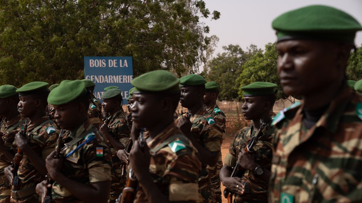 NIAMEY NIGER, SPAIN - JANUARY 13: A group of military personnel from the Niger Gendarmerie at the Gendarmerie school on January 11, 2023, in Niamey, Niger, Africa.  The GARSI-Sahel project, managed by the FIIAPP with EU funds and with the participation of the Guardia Civil, which in the specific case of Niger is leading the project, is being carried out at the Gendarmerie school. The Minister of Foreign Affairs of the Government of Spain has made a trip to three African countries where he announced that Spain will triple the funds it allocates to cooperation aid to Niger in the period from 2023 to 2017, reaching at least 60 million euros. In these years, 212.3 million euros have been allocated to Niger, one of the poorest countries in the world, with almost 75% of its population living in poverty. Spanish Cooperation actions are mainly focused on promoting food security and rural development, as well as health and gender equality. (Photo By David Zorrakino/Europa Press via Getty Images)