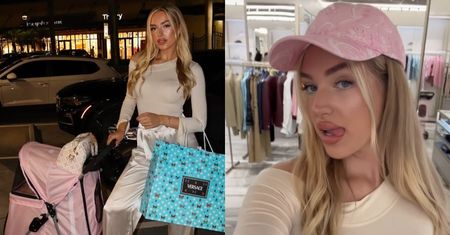 Caroline Derpienski w szale zakupów eksploruje luksusowe butiki z psem w wózku