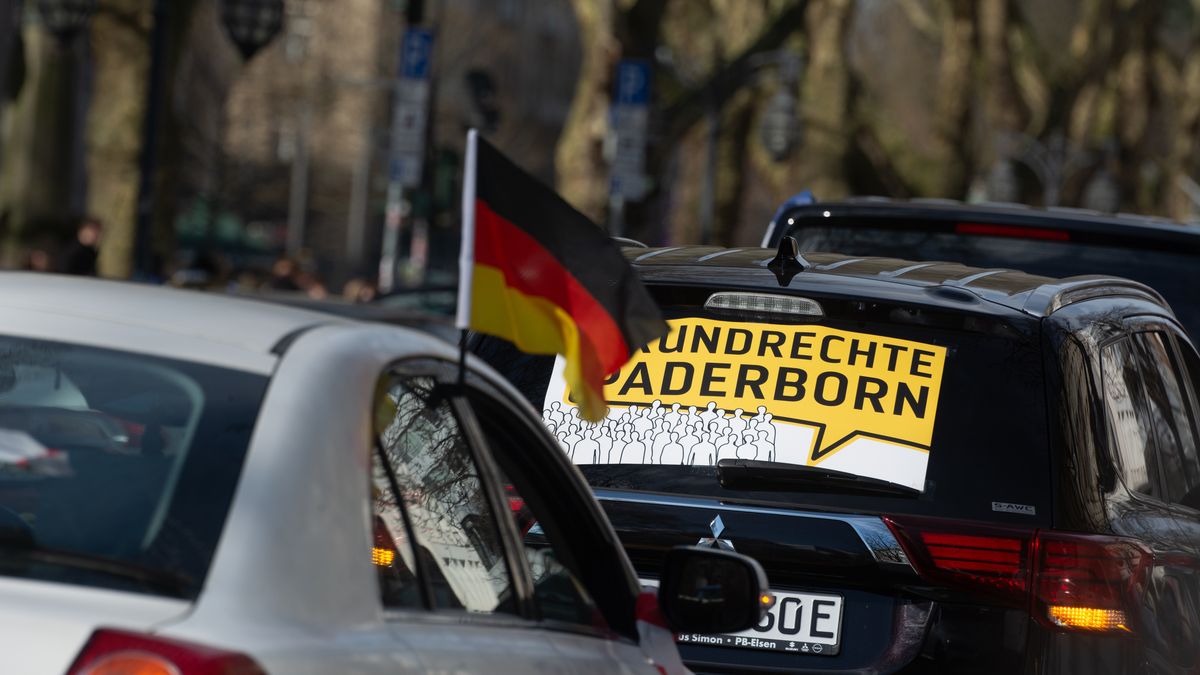 A dozen cars with German flags are seen as about a thousand people take part in a demonstration against weapon delivery to Ukraine, which is organized by the Querdenker group and some right-wing groups in Duesseldorf, Germany, on March 22, 2025. (Photo by Ying Tang/NurPhoto via Getty Images)