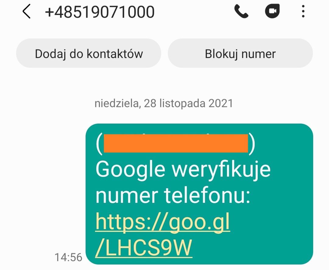 SMS dotyczący weryfikacji numeru