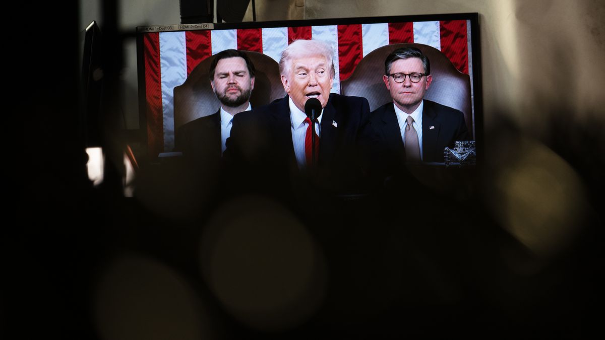WASHINGTON, DC - FEBRUARY 24: President Donald Trump's State of the Union address is seen on a tv screen connected to media tents outside of the White House on February 24, 2026 in Washington, DC. (Photo by Craig Hudson For The Washington Post via Getty Images)