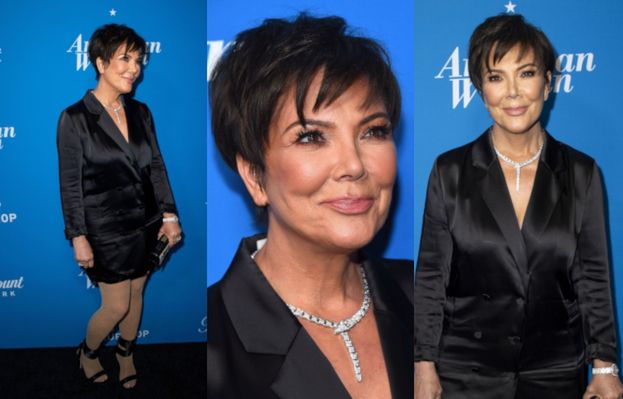 Kris Jenner odziana w piżamę i diamenty pozuje na ściance