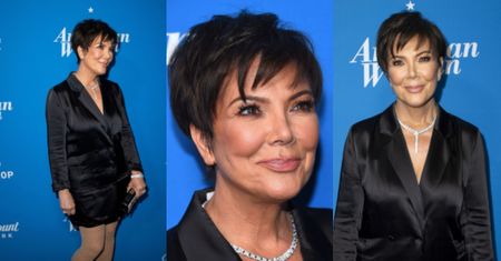 Kris Jenner odziana w piżamę i diamenty pozuje na ściance
