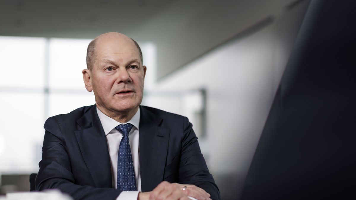 BERLIN, GERMANY - FEBRUARY 05:  German Federal Chancellor Olaf Scholz (SPD), gestures during an interview in the Federal Chancellery on February 5, 2025. (Photo by Kira Hofmann/Photothek via Getty Images)
