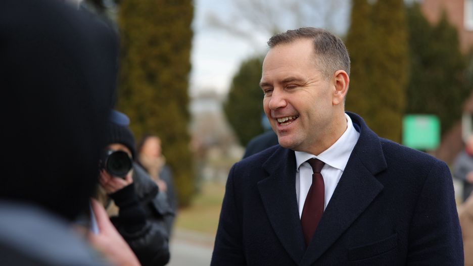 Karol Nawrocki, candidate for president of Poland, holds a press conference at the headquarters of Grupa Azoty in Kedzierzyn Kozle, Poland, on February 2, 2025. In the photo: KAROL NAWROCKI (Photo by Mateusz Birecki/NurPhoto via Getty Images)
