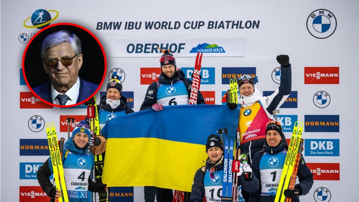 Materiały prasowe / Kevin Voigt/Getty Images i Sefa Karacan/Anadolu via Getty Images / Na zdjęciu: Norwescy biathloniści z ukrańską flagą i Aleksander Tichonow (w kółeczku)